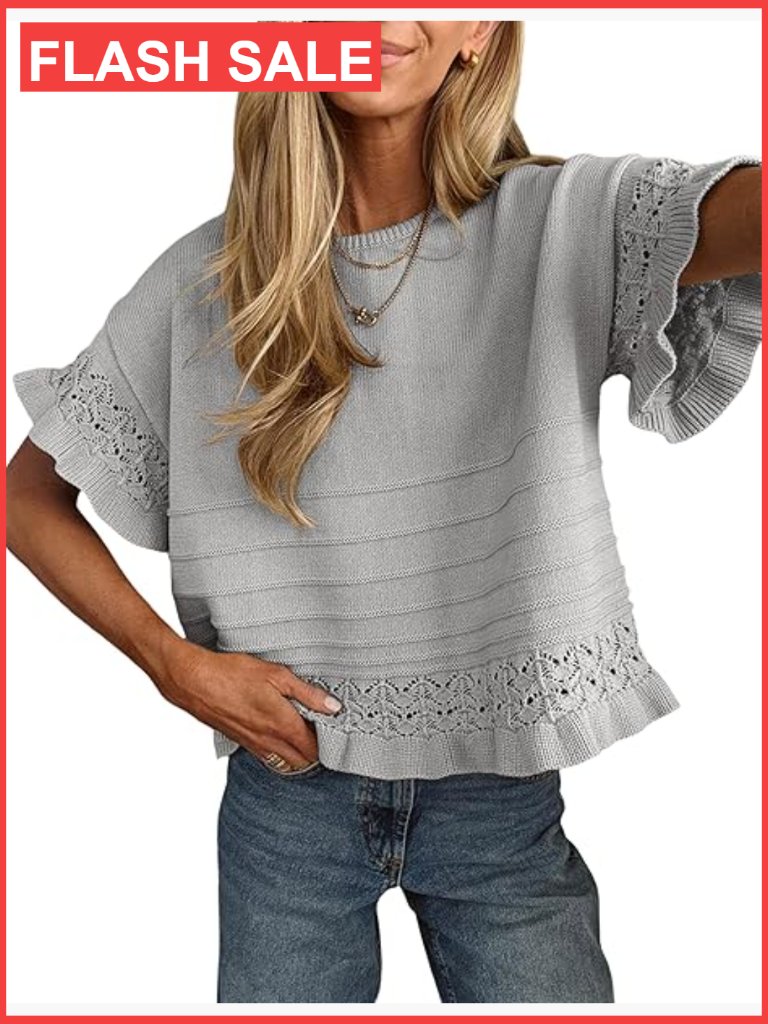 Womens Short Sleeve Sweater Round Neck Ruffled Hem Knit Pullover Casual Top